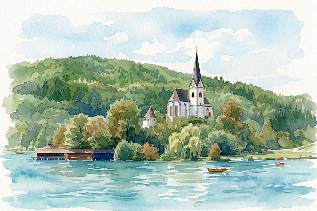 Aquarell der Kirche von Maria Wörth am Wörthersee